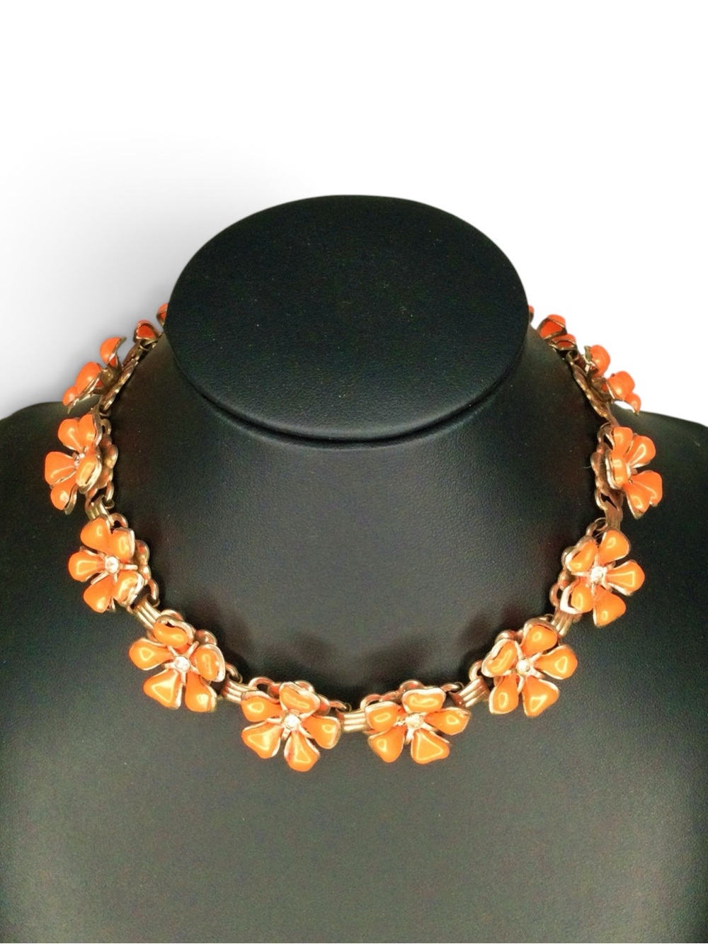 Vintage Orange Thermoset & Rhinestone Brass-Tone Floral Statement Necklace - Picture 5 of 14